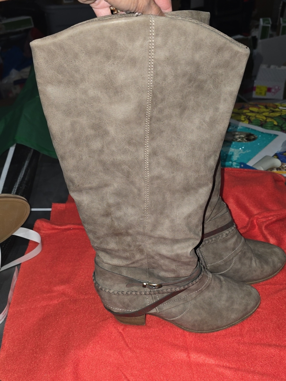 Maurices Taupe Mid-Calf Braided Strap Heeled Boots